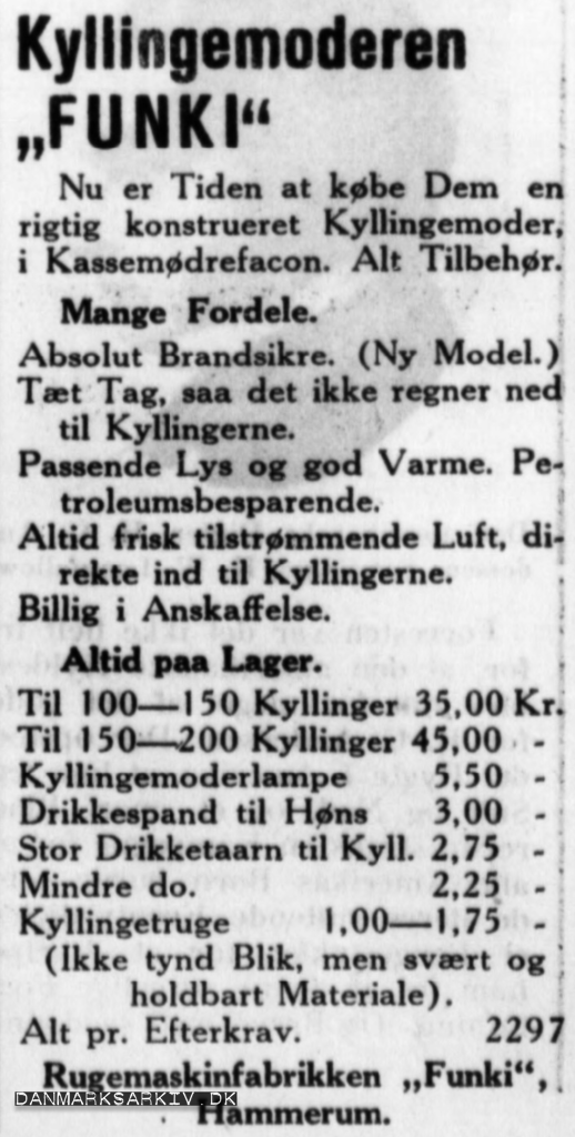 Reklame for Kyllingemoderen Funki - 1934