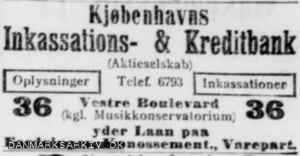Kjøbenhavns Inkassations- & Kreditbank yder laan paa Fordringer, Konossementer og Varepartier - 1908