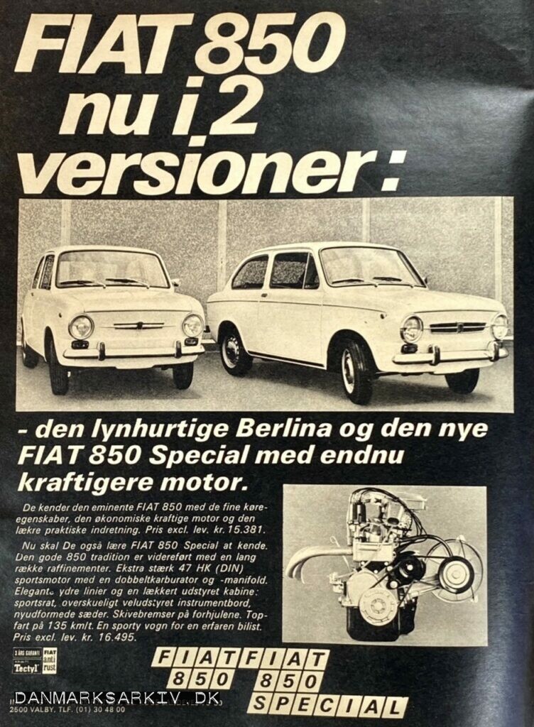 FIAT 850 nu i 2 versioner - den lynhurtige Berlina og den nye FIAT 850 Special med endnu kraftigere motor