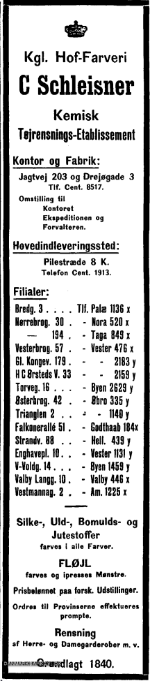 Kgl. Hof-Farveri C Schleisner - Kemisk Tøjrensnings-etablissement - 1916