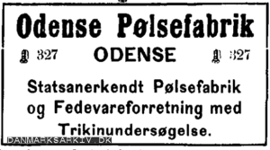 Odense Pølsefabrik - Statsanerkendt Pølsefabrik og Fedevareforretning med Trikinundersøgelse - Annonce 1916