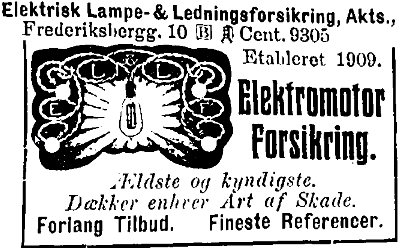 Elektrisk Lampe- & Ledningsforsikring A/S - Elektromotor Forsikring - Ældste og Kyndigste - Dækker enhver art af skade - 1916