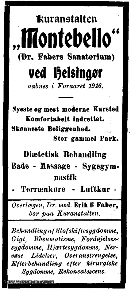 Kuranstalten Montebello - Dr. Fabers Sanatorium - Nyeste og mest moderne kursted - 1916