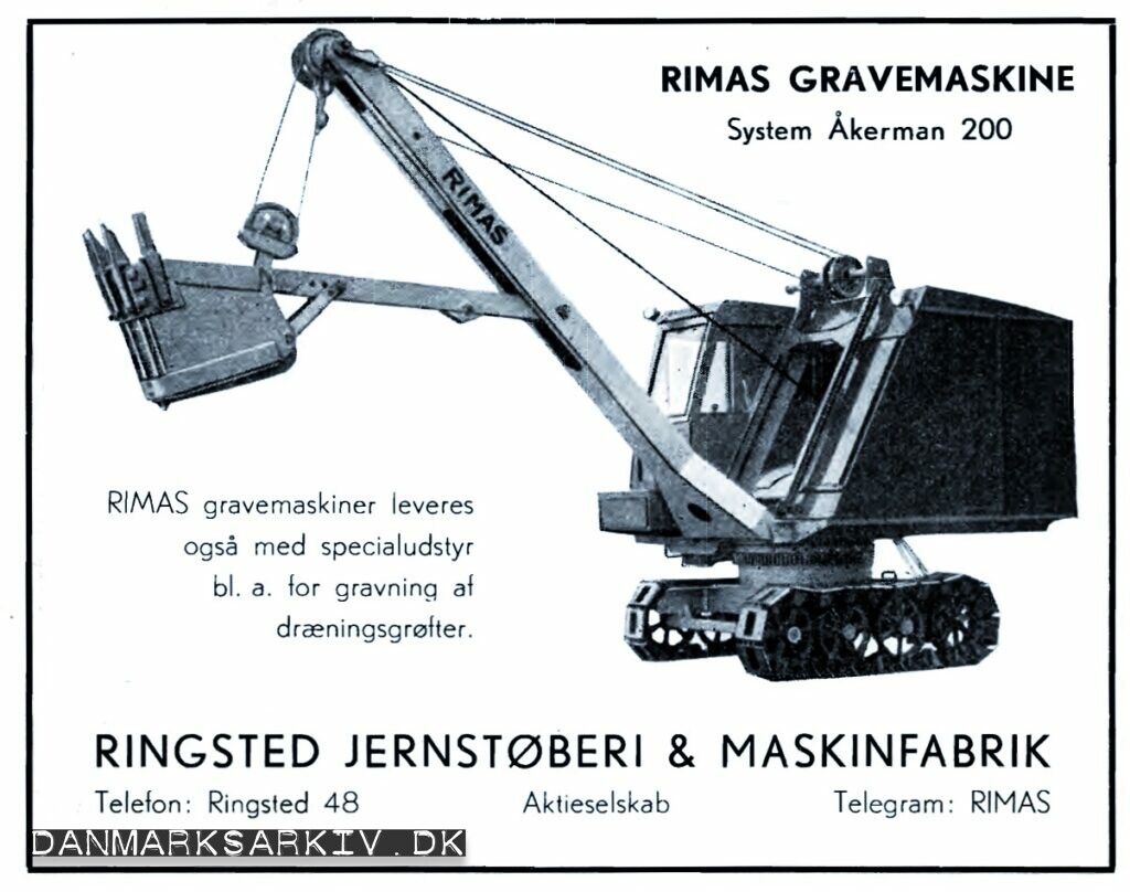 Ringsted Jernstøberi & Maskinfabrik - RIMAS Gravemaskiner leveres også med specialudstyr bl.a. for gravning af dræningsgrøfter - System Åkerman 200
