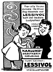 Kaalunds Sæbefabrik i Kolding - Prøv alle Vaskepulvere - De bliver staaende ved Lessivol som det bedste Ludpulver - Husk navnet: LESSIVOL Vaskeludpulver - 1908