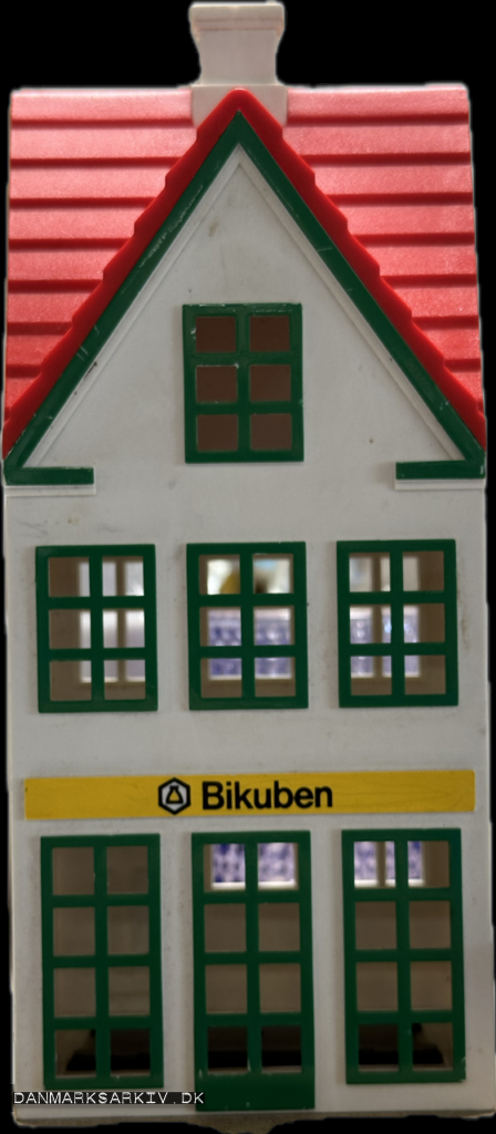 Sparebøsse formet som bygning fra Bikuben bank