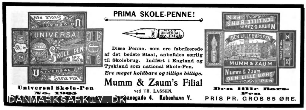 Prima Skole-penne fra Mumm & Zaum's Filial Th. Lassen