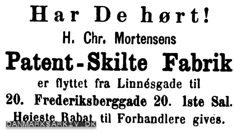 H. Chr. Mortensens Patent-Skilte Fabrik flytter til Frederiksberggade