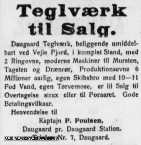 Daugaard Teglværk til salg, med egen tørvemose - 1919