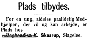 Plads tilbydes for en ung, aldeles paalidelig Medhjælper, der vil og kan arbejde, en plads hos Boghandler K. Skaarup, Slagelse - 1895