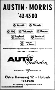 Autocentralen - Autoriseret DOMI distributør - British Leyland, Austin, Morris, MG, Triumph, Rover, Leyland Lastvogne, Leyland Traktorer, Land Rover